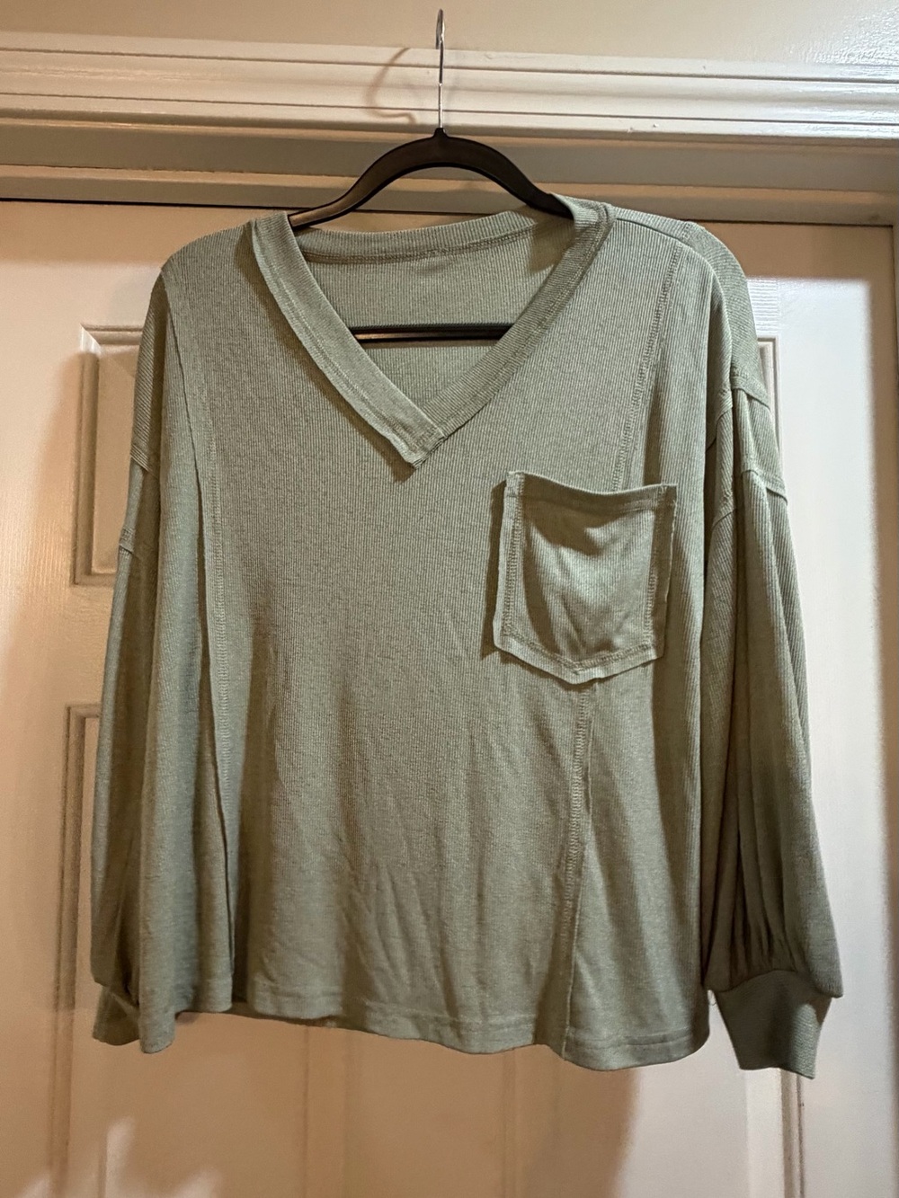 Relaxed V-Neck Pocket Blouse in Sage Green